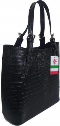 Włoska torebka skórzana na ramię ,Vera Pelle A4, Shopper Czarna skóra kroko V77COCON