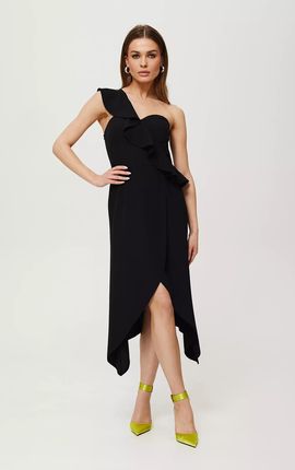 Asymetryczna sukienka koktajlowa z jednym ramiączkiem i falbaną (Czarny, S)