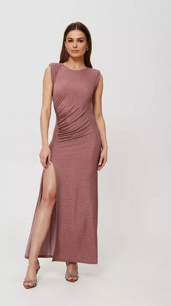Wieczorowa sukienka maxi z błyszczącego materiału z eleganckim rozcięciem (Pudrowy, L)