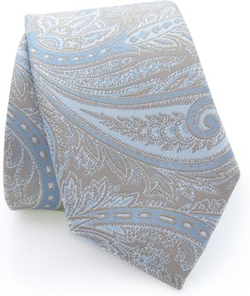 Beżowo - błękitny krawat męski w liście, florystyczny wzór, paisley AD10