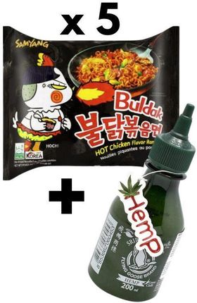 Zestaw 5x Samyang Buldak Ramen Spicy Hot Kurczak Koreańska plus Sriracha Sos z Konopią Hemp 200ml