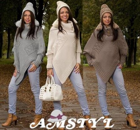 Amstyl Amstyl_Asymetryczny Sweter Ponczo Z Rękawem 166