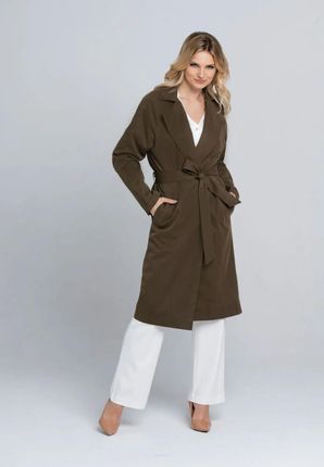 Wiosenny płaszcz typu trencz wiązany w talii (Oliwkowy, L/XL)