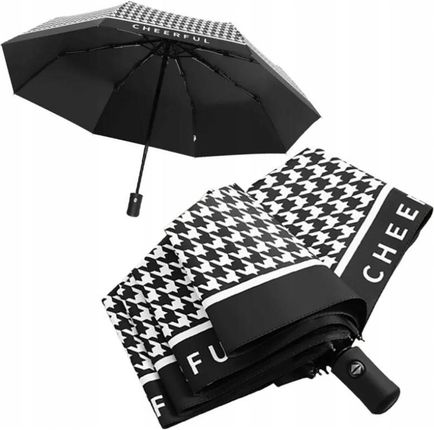 Parasol Składany Parasolka Automatyczna Elegancka Czarny Biały Pepitka