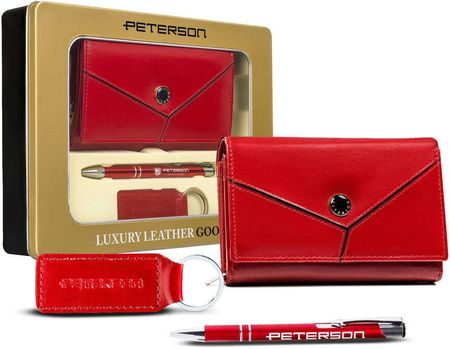 Zestaw prezentowy: średni, skórzany portfel damski, brelok i długopis Peterson