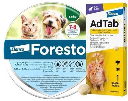 Elanco Obroża Foresto Przeciw Pchłom I Kleszczom Pies Kot Do 8Kg + Adtab 12 Mg Tabletki Do Rozgryzania I Żucia Dla Kotów 1tabl.