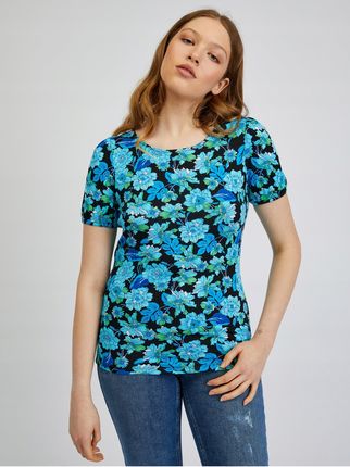 Niebiesko-czarny t-shirt damski w kwiaty Orsay