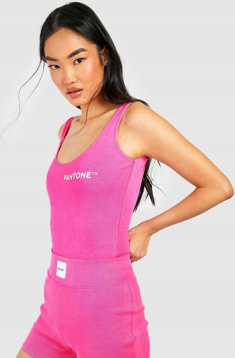 Boohoo Różowe Body Prążki Napis Pantone Stringi 3R9 NG2__XL