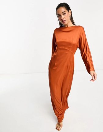 Tfnc Satynowa Pomarańczowa Maxi Sukienka Z Długim Rękawem Vru NH2__XL