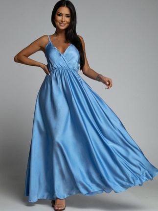 Długa satynowa sukienka na ramiączkach niebieska AZR126