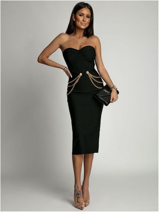 Gorsetowa midi sukienka z łańcuszkiem czarna AZR9651
