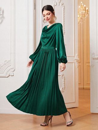 Shein Zielona Plisowana Maxi Sukienka Długi Rękaw Satyna Tqh Xxj__s