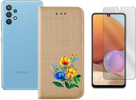 Etui z klapką do Samsung Galaxy A32 4G smart magnet złoty case kwiat +szkło
