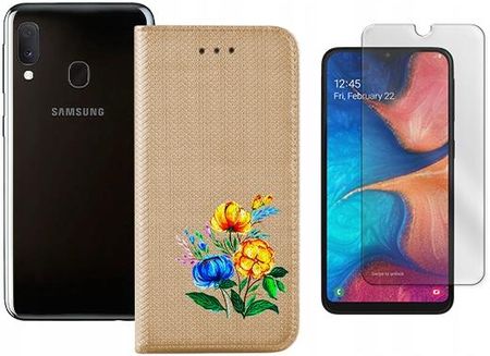 Etui z klapką do Samsung Galaxy A20E smart magnet złoty case kwiat szkło