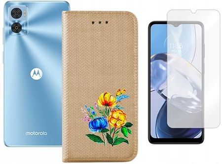 Etui z klapką do Motorola Moto E22 smart magnet złoty case kwiat +szkło 9H