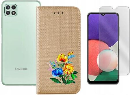 Etui z klapką do Samsung Galaxy A22 5G smart magnet złoty case kwiat +szkło