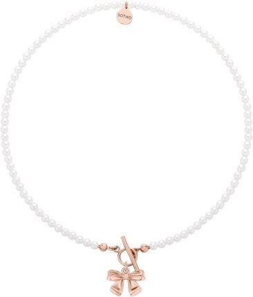 Naszyjnik z białych pereł SWAROVSKI® CRYSTAL z kokardką z różowego złocenia
