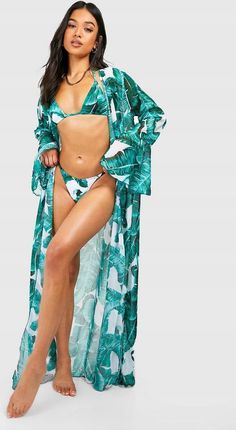 Boohoo Strój Kąpielowy Komplet Narzutka Kimono Tropical Print Bra NG2__XS