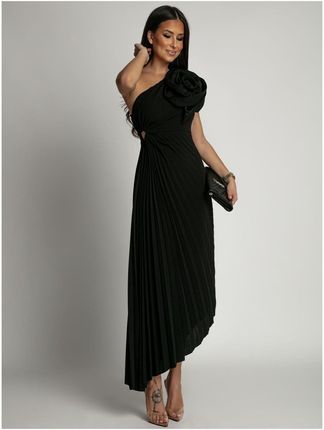 Elegancka plisowana sukienka z kwiatem czarna AZRHP6987