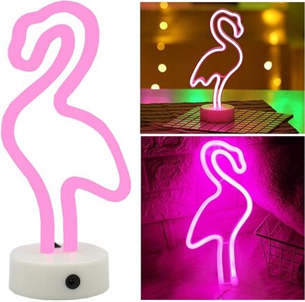 Lampka Nocna Neon Duży Różowy Flaming Led Z Podstawką Na Baterie