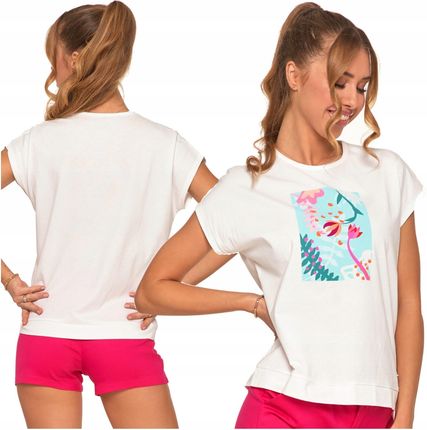 Biała Koszulka Damska T-shirt Z Nadrukiem Kwiaty Modna Bawełniana Moraj XL