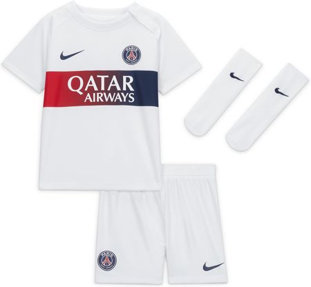 Trzyczęściowy strój dla niemowląt i maluchów Nike Dri-FIT Paris Saint-Germain 2023/24 (wersja wyjazdowa) - Biel