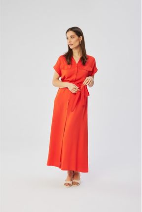 S364 Sukienka maxi rozpinana z krótkimi rękawami - koralowa (kolor koral, rozmiar XL)