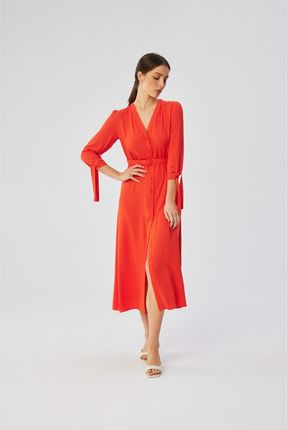 S365 Sukienka midi z wiązanymi mankietami - koralowa (kolor koral, rozmiar XL)