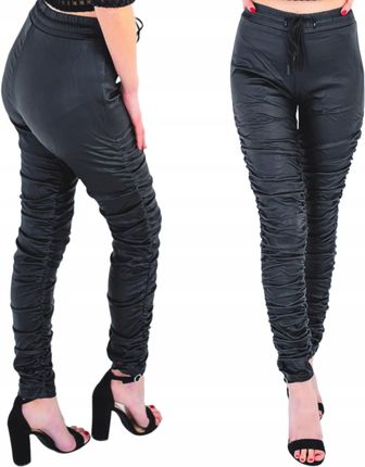 Czarne woskowane spodnie damskie marszczone joggery wysoki stan wiązane L