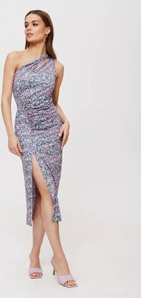 Modna sukienka midi z kwiatowym wzorem i asymetrycznym dekoltem (Wielobarwny, S)