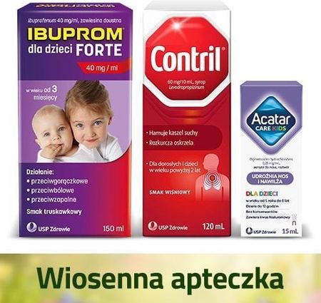 Zestaw Ibuprom dla Dzieci Forte 0,2 g/5ml 150ml + Contril 120ml + Acatar Care Kids 15ml 