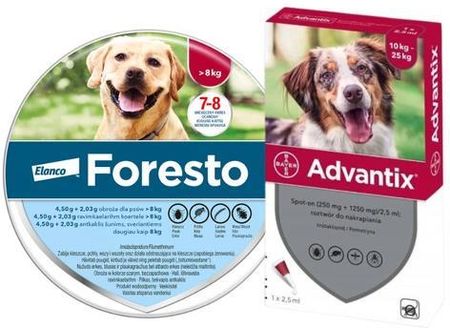 Bayer Foresto Elanco Obroża Foresto Przeciw Pchłom I Kleszczom Pies Od 8Kg + Bayer Advantix Spot On 1X1 Pipeta 2,5ml