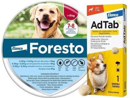 Bayer Foresto Elanco Obroża Foresto Przeciw Pchłom I Kleszczom Pies Od 8Kg + Adtab 225 Mg Tabletki Do Rozgryzania I Żucia Dla Psów >5,5–11kg 1tabl.