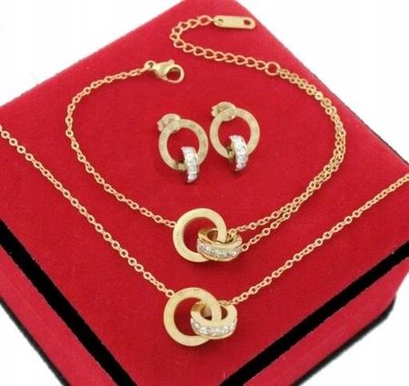 Golden Celebrity Komplet Biżuterii Złoty Stal Chirurgiczna 3 Cz Kółka Ring Zirconia
