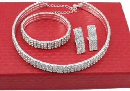 Fashion Jewelery Komplet Biżuterii Srebrnej Z Cyrkoniami 3 Częściowy Choker Klipsy Premium
