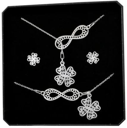Biżuteria Front Komplet Biżuterii Srebrnej Z Infinity + Koniczynki Ażur Srebro 925