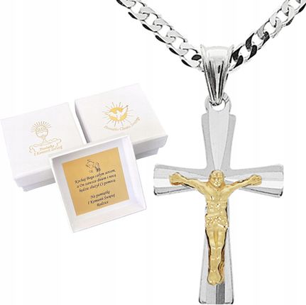 Abrasar Srebrny Zestaw Łańcuszek I Krzyż Dla Chłopca Na Komunię Chrzest 40Cm