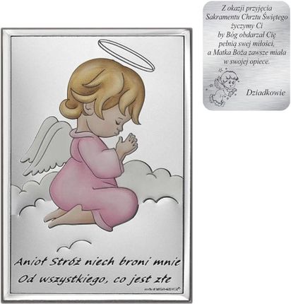 Beltrami Obrazek Na Chrzciny Srebrny Aniołek W Modlitwie Różowy Z Podpisem 6667Sr