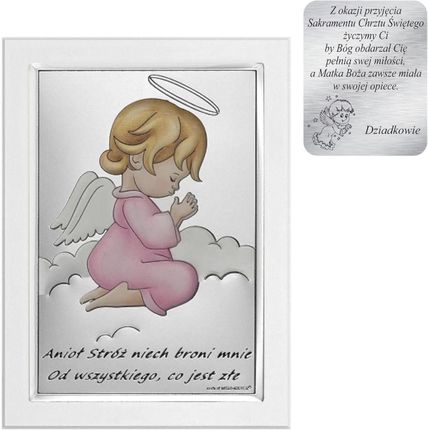 Beltrami Obrazek Na Chrzciny Srebrny Aniołek W Modlitwie Różowy Z Podpisem Ramka 6667Swr