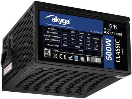 Akyga Zasilacz ATX 500W AK-C1-500 P4+4 2x PCI-E 6+2 pin 4x SATA 2x Molex APFC FAN 12cm (AKC1500)