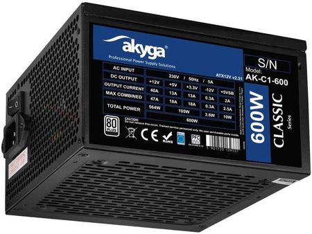 Akyga Zasilacz ATX 600W AK-C1-600 P4+4 2x PCI-E 6+2 pin 5x SATA 3x Molex APFC FAN 12cm (AKC1600)