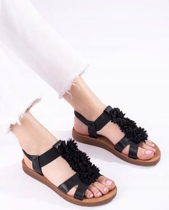 Czarne sandały damskie z kwiatami 38