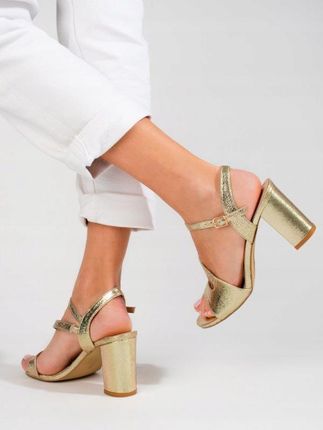 Eleganckie sandały damskie na słupku złote 37