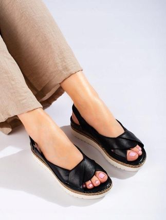 Skórzane damskie sandały na niskim koturnie Potocki czarne 36