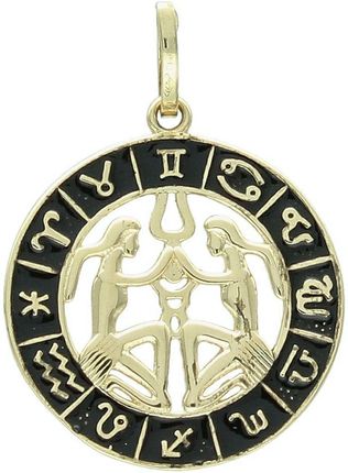 Diament Złota Zawieszka 585 Znak Zodiaku Bliźnięta Z Czarną Emalią W Kółku