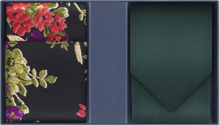 Zestaw prezentowy dla mężczyzny: butelkowa zieleń - gładki zielony krawat i poszetka floral EM 59