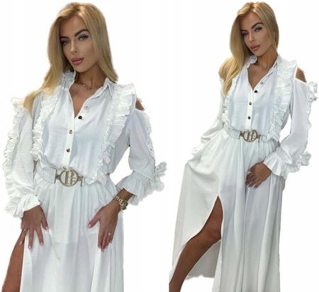 Sukienka damska białą długa maxi rozcięciem zwiewna Pf Paparazzi Fashion