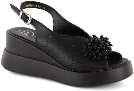 Skórzane sandały damskie na koturnie z koralikami czarne Filippo DS6076