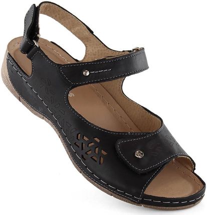 Skórzane komfortowe sandały damskie na rzepy czarne Helios 266-2.011