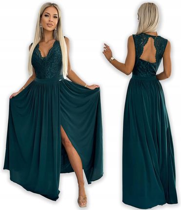 Lea długa suknia bez rękawków z koronkowym dekoltem 211-6 Zieleń M